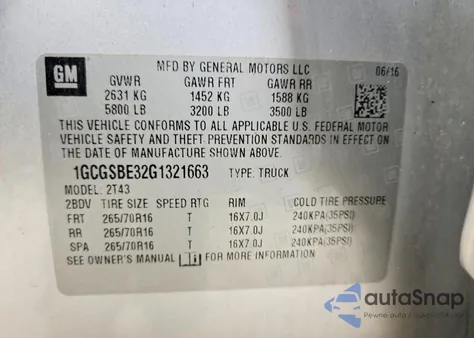 2016 Chevrolet Colorado z USA, uszkodzony, nr VIN 1GCGSBE32G1321663